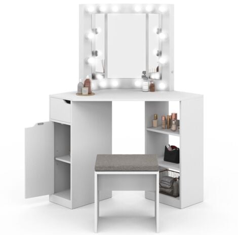Coiffeuse d'angle ZELIA blanche 3 miroirs LED, 3 étagères, 1 tiroir, 1 caisson de rangement et tabouret