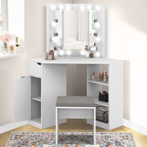 Coiffeuse d'angle ZELIA blanche 3 miroirs LED, 3 étagères, 1 tiroir, 1 caisson de rangement et tabouret