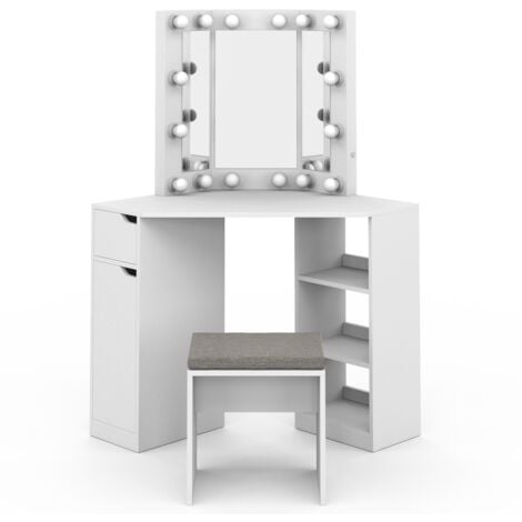 Coiffeuse d'angle ZELIA blanche 3 miroirs LED, 3 étagères, 1 tiroir, 1 caisson de rangement et tabouret