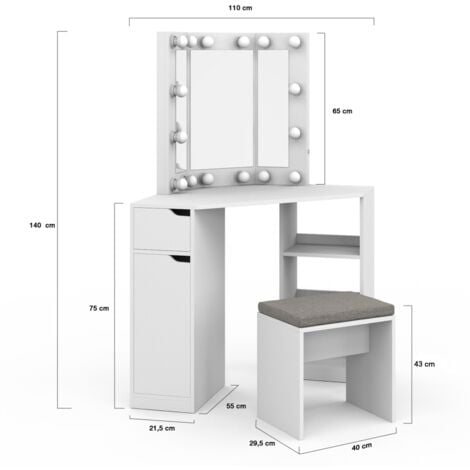 Coiffeuse d'angle ZELIA blanche 3 miroirs LED, 3 étagères, 1 tiroir, 1 caisson de rangement et tabouret
