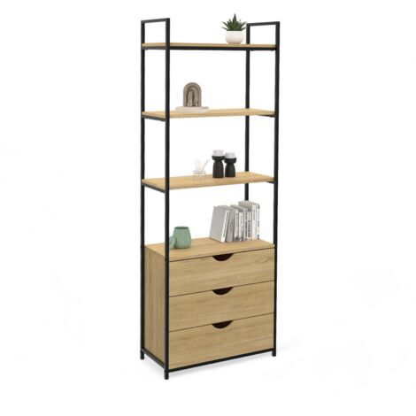 Idmarket – Bibliothèque 4 niveaux 170 cm – 3 tiroirs – Panneaux de particules et métal – Style industriel – Longueur 60 cm, largeur 30 cm (1/5)