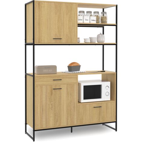 Idmarket – Buffet de cuisine 120 cm – 3 portes et 1 tiroir – Design industriel en panneaux mélaminés et métal noir – Rangement XXL pour micro-ondes (1/5)