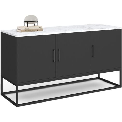 Idmarket – Buffet bas 113 cm noir avec plateau effet marbre blanc – 3 portes – Rangement pour vaisselle et appareils multimédias – Panneaux de particules et métal