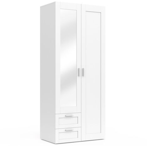 Idmarket – Armoire 2 portes VITO blanc – Dimensions 80x50x190 cm – 2 tiroirs et miroir – Étagères réglables pour rangement optimal