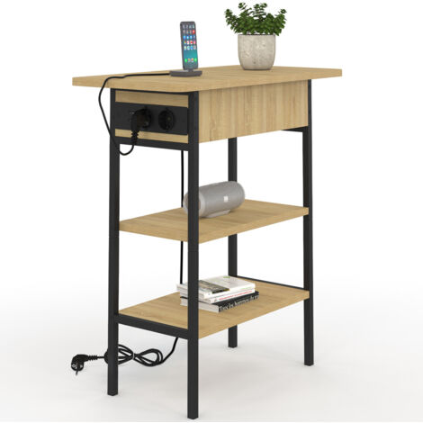 Idmarket – Table d'appoint avec multiprise – 2 prises AC + 2 ports USB – Panneaux de particules et métal – Longueur 60 cm x largeur 30 cm x hauteur 64 cm