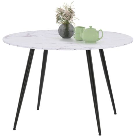 Idmarket – Table à manger ronde 4 personnes – Effet marbre blanc – Pieds métal noir – 110 cm de diamètre – Design moderne pour intérieur contemporain