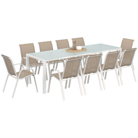 Salon de jardin MADRID table 240 CM et 10 chaises empilables blanc et beige