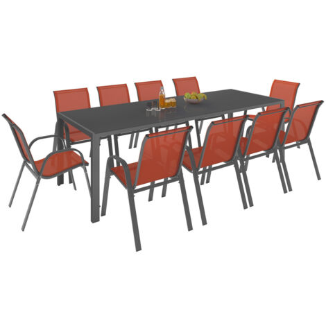 Salon de jardin MADRID table 240 CM et 10 chaises empilables terracotta