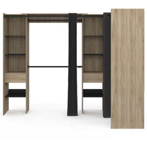 Dressing extensible d'angle MARLON 230 x 140 x 180 cm cm hêtre avec penderies + étagères + rideaux noirs