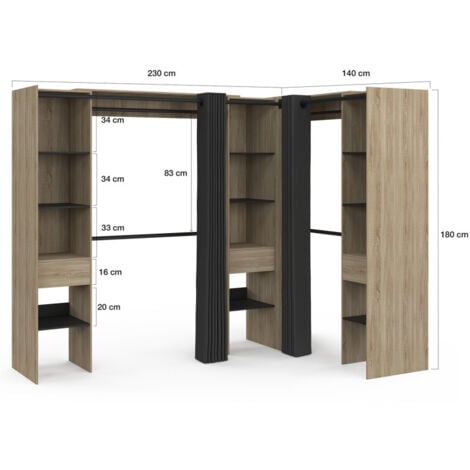 Dressing extensible d'angle MARLON 230 x 140 x 180 cm cm hêtre avec penderies + étagères + rideaux noirs