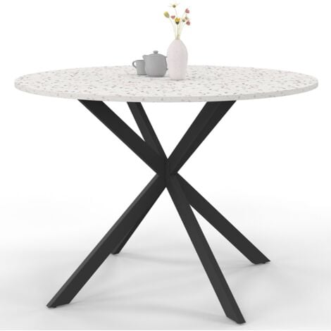 Table à manger ronde ALIX 6 personnes pied araignée noir plateau effet terrazzo SIMONE  110 cm