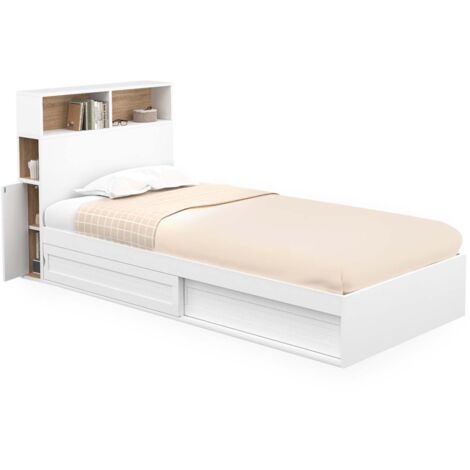 Idmarket – Lit simple CLEM 90 x 190 cm blanc et hêtre – Rangement avec portes coulissantes – Tête de lit avec niches décoratives – Sommier à 10 lattes