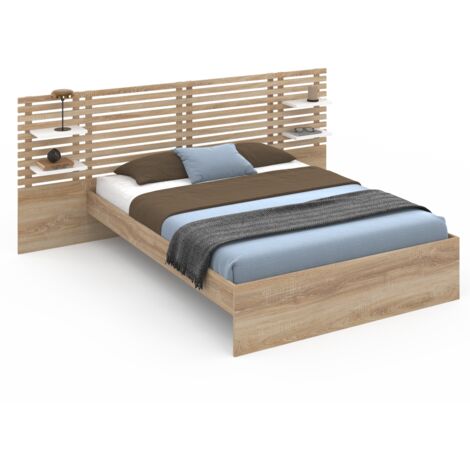 Idmarket – Lit double 140 x 190 cm avec tête de lit et étagères suspendues – Sommier 26 lattes en bois hêtre et blanc – Rangement modulable (1/5)
