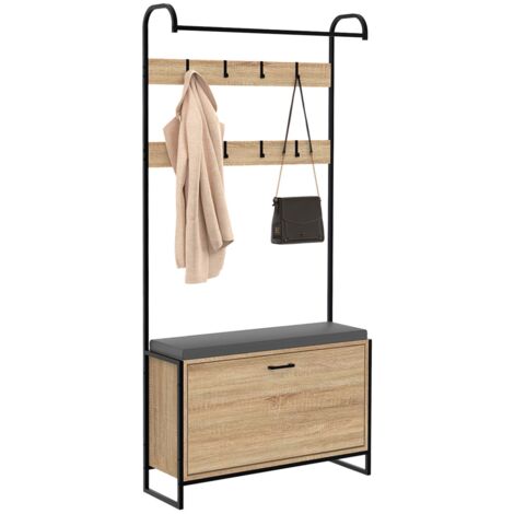 Idmarket – Vestiaire d'entrée avec banc et meuble à chaussures 1 porte – Dimensions 85x30x180 cm – Design industriel bois et métal – 8 patères et rangement intégré