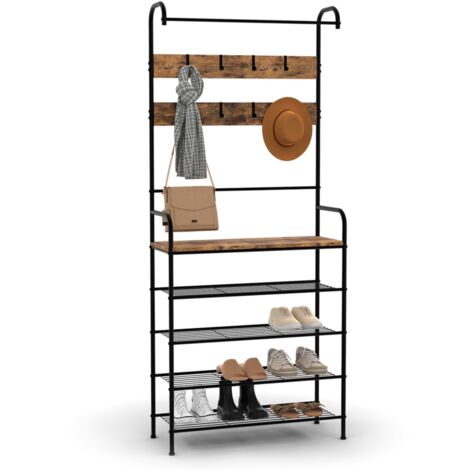 Idmarket – Vestiaire d'entrée avec 5 étagères en bois vieilli et métal noir – Dimensions 79x32x185 cm – Charge maximale 12 paires de chaussures