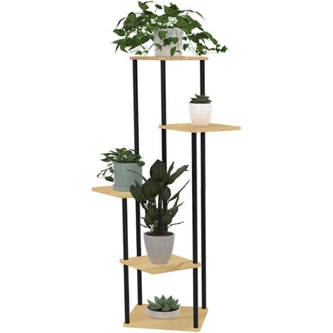 Idmarket – Etagère à pots de fleurs porte plante 106 cm – 5 niveaux en métal noir et MDF bois clair – Design industriel pour intérieur moderne