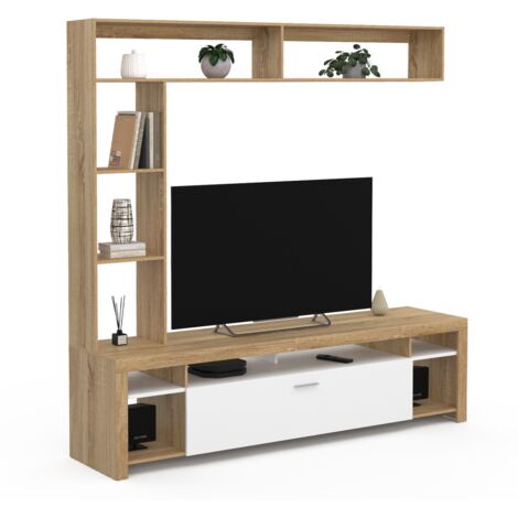 Idmarket – Ensemble meuble TV 170 cm – Bois et placard blanc – 11 espaces ouverts – Rangement fermé avec poignée – Style contemporain (1/5)