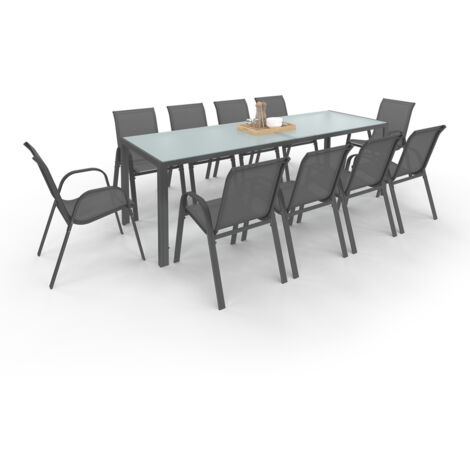 Idmarket – Ensemble table et 10 chaises empilables gris anthracite – Table 240 cm en verre trempé – Structure en acier – Pour repas en extérieur
