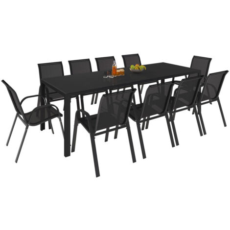 Idmarket – Ensemble table et 10 chaises empilables noir – Table 240 cm en verre trempé – Structure en acier – Pour repas en extérieur