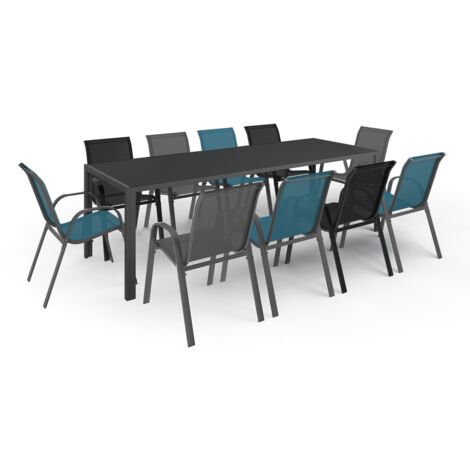 Idmarket – Ensemble table et 10 chaises empilables – Table 240 cm en verre trempé – Structure en acier gris – Chaises en textilène bleu, gris et noir