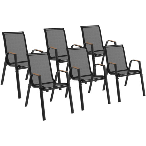 Lot de 6 chaises de jardin NOUMEA métal et textilène empilables noir et bois