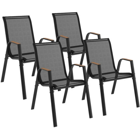 Idmarket – Lot de 4 chaises de jardin empilables – Métal et textilène noir et bois – Confort optimal avec accoudoirs – Dimensions 52x65x84cm