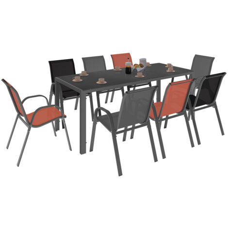 Idmarket – Ensemble table et 8 chaises empilables – Table 190 cm en verre trempé – Structure acier gris – Dossier et assise textilène gris, noir, terracotta