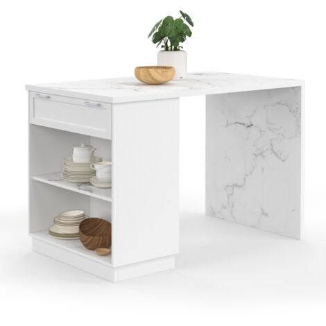 Idmarket – Ilot central mange-debout 4 personnes 130 cm – Plateau marbre blanc – Compartiments de rangement – Structure en panneaux de particules