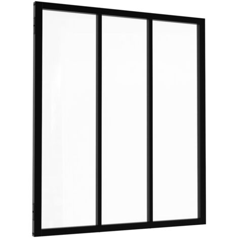 Idmarket – Verrière atelier 3 vitrages L. 93 x H. 108 cm – Métal noir et verre trempé – Kit de fixation inclus – Design industriel moderne