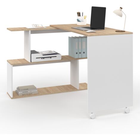 Bureau d'angle rotatif 180° JOY étagère forme S bois façon hêtre et blanc
