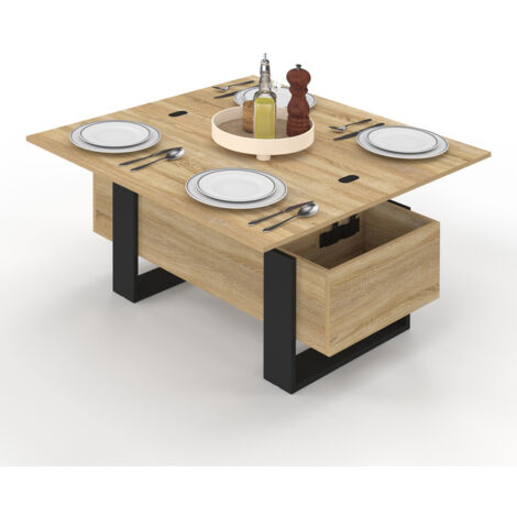 Table basse rectangulaire relevable convertible en table à manger PHOENIX bois et noir