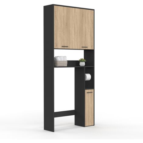 Meuble étagère dessus WC WALLIS noir et bois façon hêtre