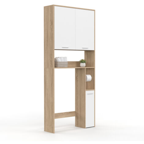 Meuble étagère dessus WC WALLIS bois façon hêtre et blanc