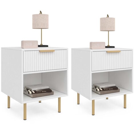 Lot de 2 tables de chevet MARCEL 1 tiroir avec niche lattes tasseau bois blanc et doré