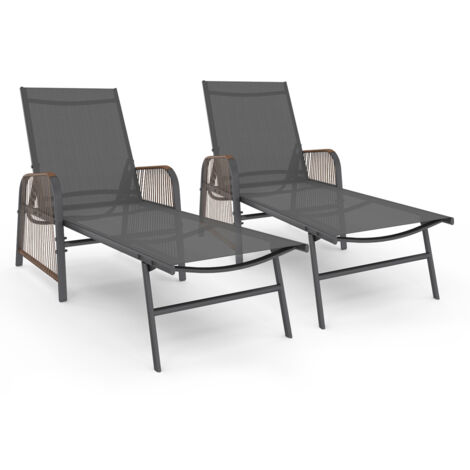 Lot de 2 transats de jardin inclinables RIO en acier gris anthracite, cordage effet rotin avec accoudoirs et toile grise