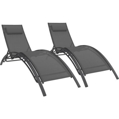 Lot de 2 transats de jardin inclinables en acier HAVANE gris anthracite et toile grise avec coussin