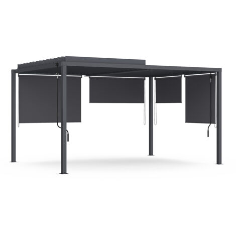 Pergola bioclimatique lames orientables acier 3x4 M et 4 stores gris anthracite