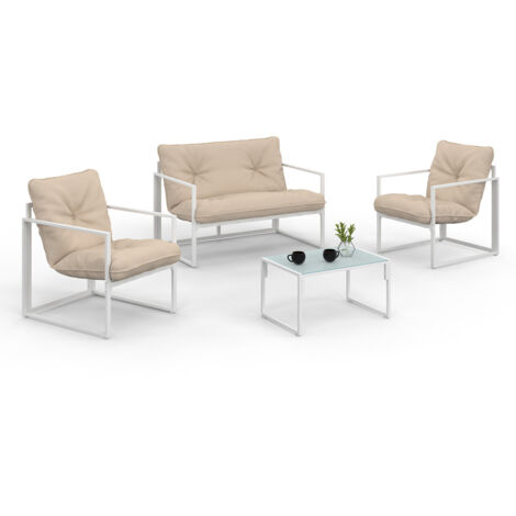 Salon de jardin bas NAIROBI 4 places en acier blanc et coussins beige