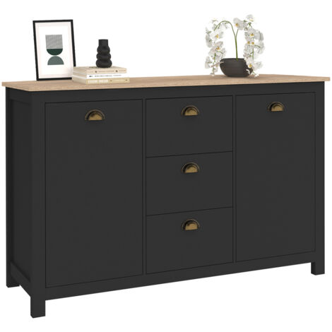 Idmarket – Buffet 130 cm 2 portes et 3 tiroirs – Bois et métal noir – Style campagne chic – Rangement compact pour salle à manger