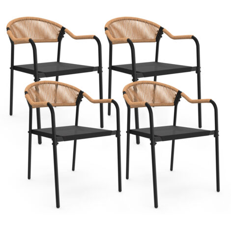 Lot de 4 chaises de jardin MADEIRA métal, cordage et textilène noir et rotin clair