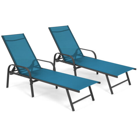 Lot de 2 transats de jardin inclinables FIDJI en acier gris anthracite et toile bleu canard