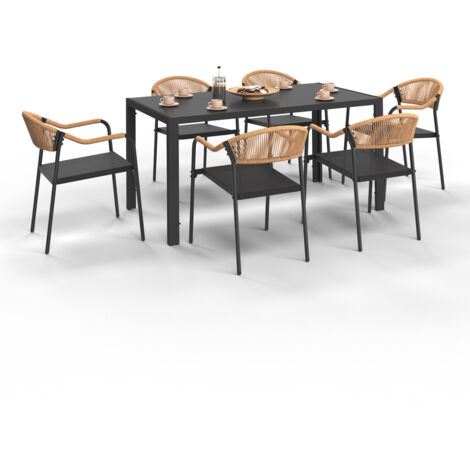 Salon de jardin MADEIRA table 150 cm et 6 chaises cordage et textilène noir et rotin clair