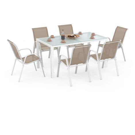 Salon de jardin MADRID table 150 CM et 6 chaises empilables blanc et beige