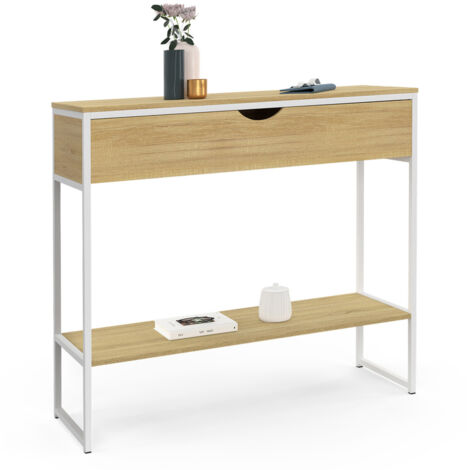 Idmarket – Console 1 tiroir DETROIT – 90x30x80 cm – Bois et métal blanc – Design industriel – Espace de rangement pour documents et déco
