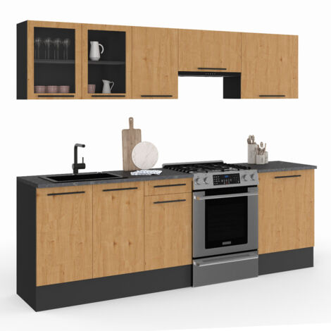 Idmarket – Cuisine complète 240 cm – 7 éléments bois et noir – Plan de travail effet béton 2,5 cm – Hauteur 90 cm – Largeur 60 cm