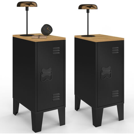 Idmarket – Lot de 2 tables de chevet 1 porte métal noir – Plateau bois façon hêtre – Dimensions 20x30x50 cm – Design industriel compact