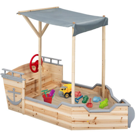 Bac à sable WORLD bois bateau de pirate avec banc coffre et toit gris