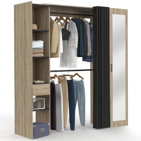 Idmarket – Dressing extensible 145/170 cm – Penderie double avec miroir et rideau noir – 7 étagères réglables en bois et métal – Hauteur 180 cm