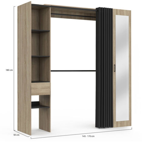 Dressing Penderie DIANE 104x50x172 Cm Hêtre Avec 6 Boîtes Et Rideau Noir - Rangement Vêtements