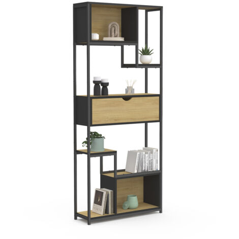 Idmarket – Bibliothèque 6 niveaux asymétrique avec tiroir – Design industriel en bois et métal noir – Hauteur 161 cm – Longueur 67,5 cm – Largeur 25 cm